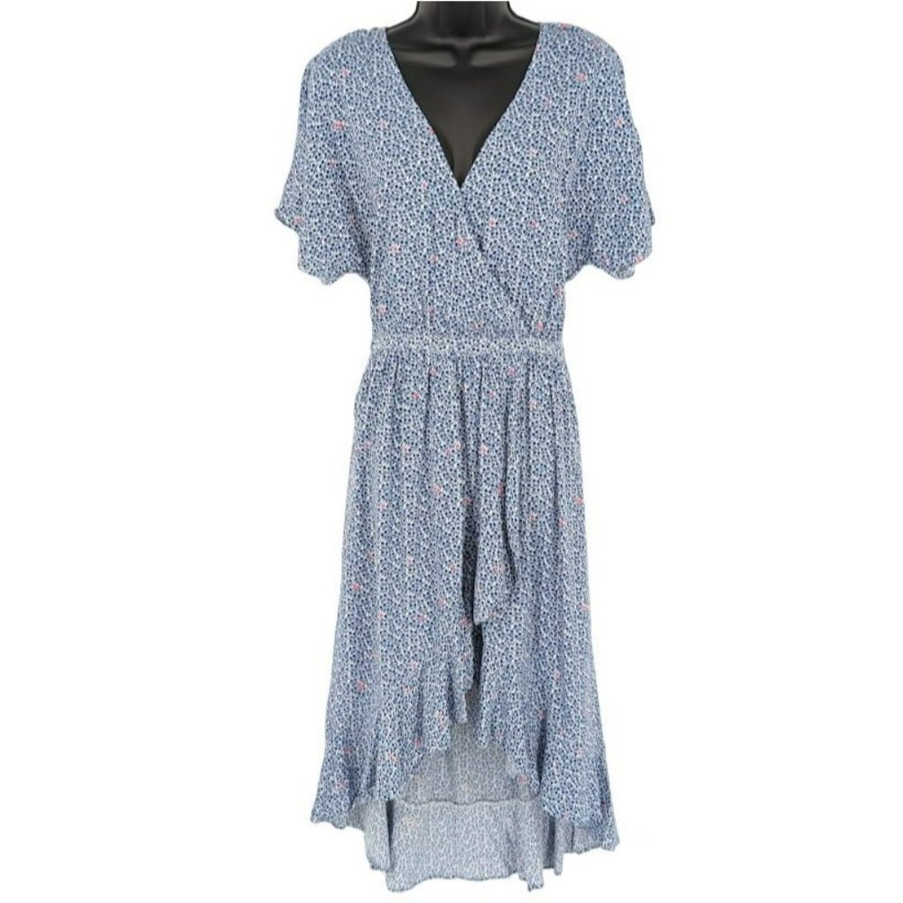 J Crew Mercantile Midi Dress XS Blue Pink Floral Faux Wrap Ruffle Trim High Low